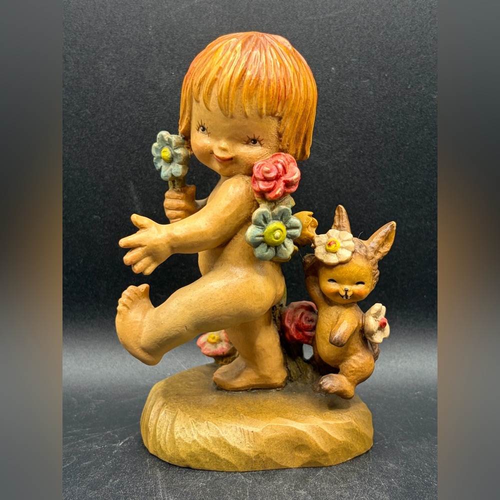 Anri Ferrándiz Nature Girl Vintage Hand Painted Floral Rabbit Figure Figurine